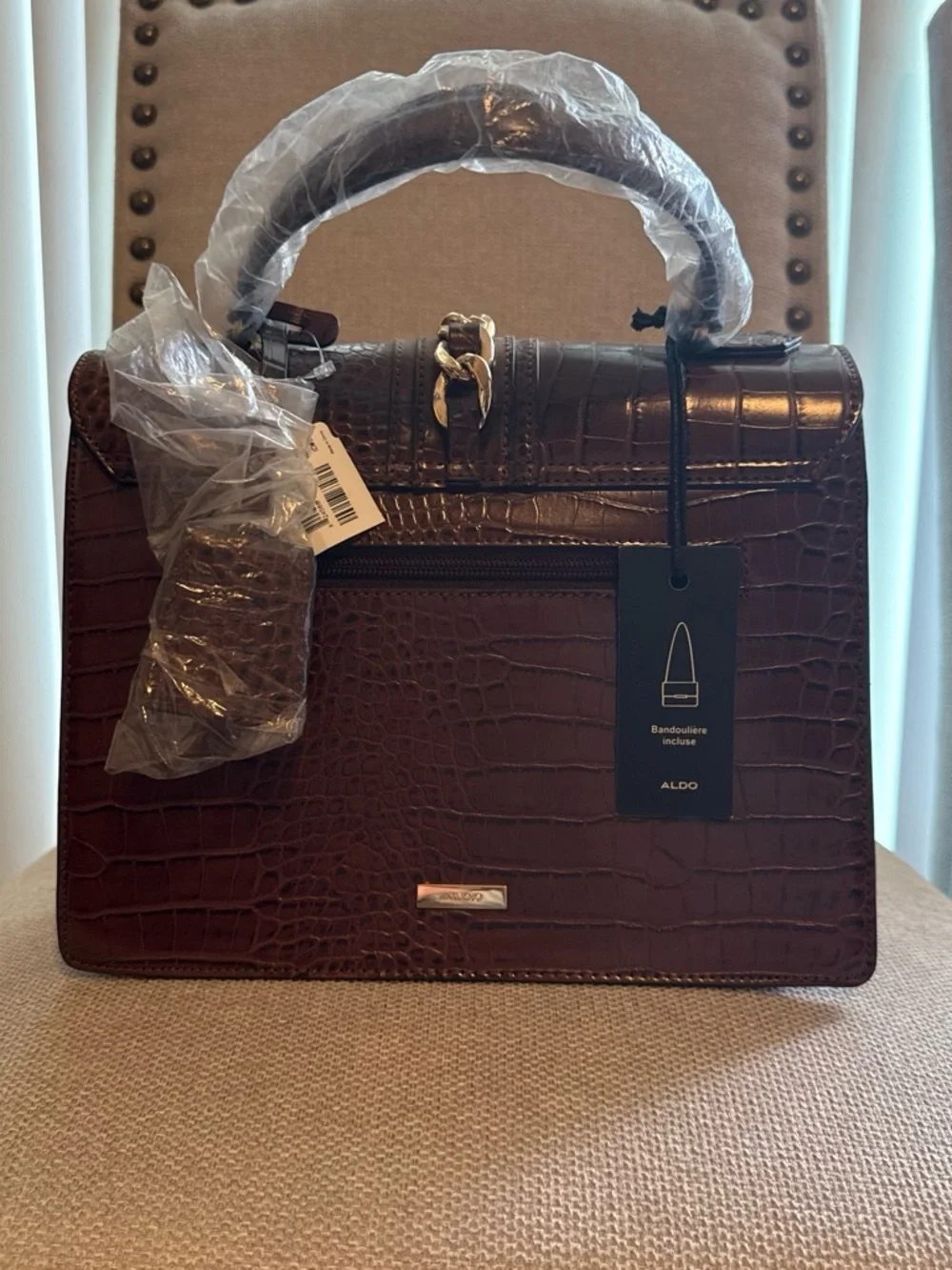 Aldo Brown Croc-Embossed Top-Handle Satchel with Gold Chain